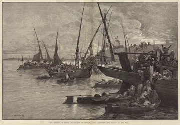 De cholera in Egypte, inwoners van Boulak, Caïro, dringen zich in schuiten op de Nijl